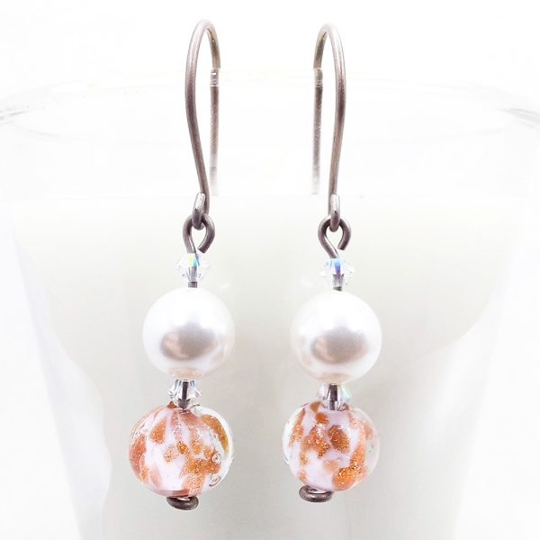 Titanium earrings with white Murano beads